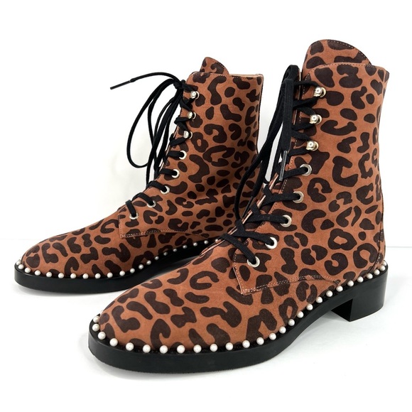 STUART WEITZMAN Sondra Leopard Cheetah Suede Leather Combat Boots US 6.5 - EU 37 - Picture 3 of 11